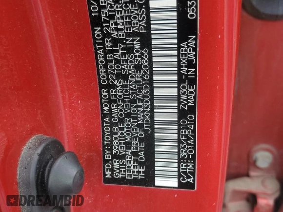 2013 Toyota Prius One with VIN JTDKN3DU3D1620866, listed as a Copart auction lot 61475385 with 165,490 mi miles and Clean title. Bid and sale history available at DreamBid. Image 12.