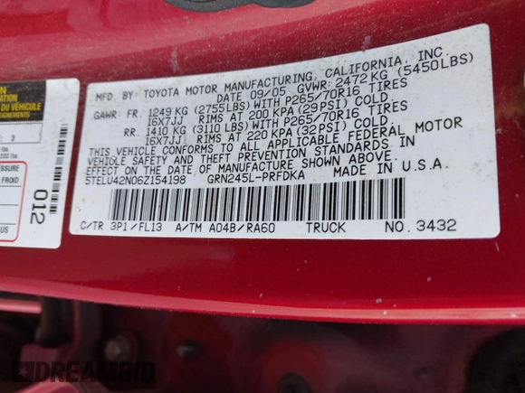 2006 Toyota Tacoma z VIN 5TELU42N06Z154198, wystawiony jako IAAI lot #42032985 z przebiegiem 225 779 mil mil oraz . Historia ofert i sprzedaży dostępna na DreamBid. Obrazek 9.