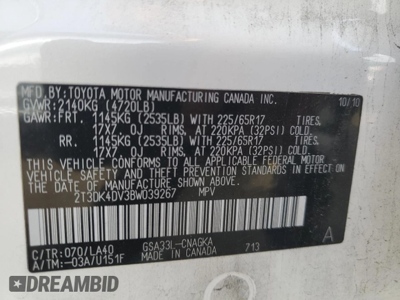 2011 Toyota RAV4 Ltd with VIN 2T3DK4DV3BW039267, listed as a Copart auction lot 51185965 with 262,212 mi miles and Clean Title. Bid and sale history available at carsss.com. Image 13.