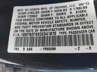 2013 Honda Civic EX-L with VIN 19XFB2F9XDE041870, listed as a IAAI auction lot 41872764 with 144,008 mi miles and . Bid and sale history available at DreamBid. Image 9.