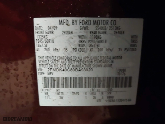 2009 Ford Edge Limited with VIN 2FMDK49C89BA93020, listed as a IAAI auction lot 41671631 with 274,538 mi miles. Bid and sale history available at carsss.com. Image 9.