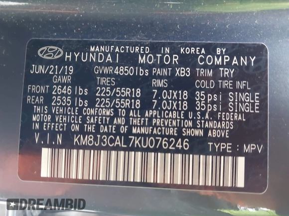 2019 Hyundai Tucson Ultimate with VIN KM8J3CAL7KU076246, listed as a IAAI auction lot 41836361 with 26,097 mi miles. Bid and sale history available at carsss.com. Image 9.