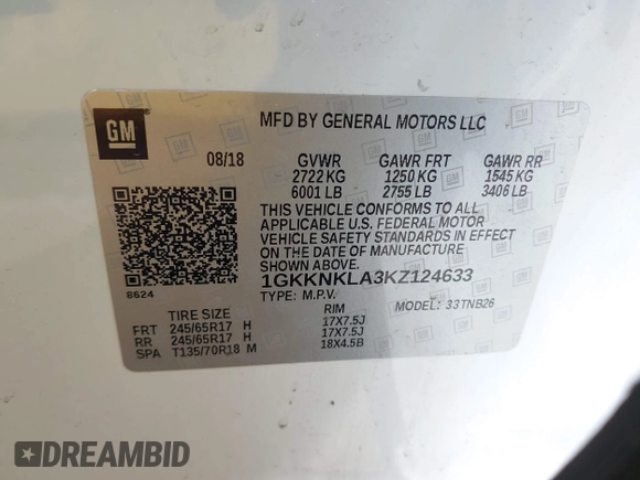 2019 GMC Acadia SLE with VIN 1GKKNKLA3KZ124633, listed as a IAAI auction lot 41921172 with 47,807 mi miles. Bid and sale history available at carsss.com. Image 9.