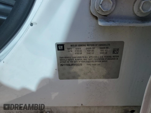 2015 Chevrolet Impala LT with VIN 2G1115SL5F9155379, listed as a Copart auction lot 47962685 with Not Provided miles and Salvage Title. Bid and sale history available at DreamBid. Image 15.