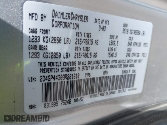 2003 Dodge Grand Caravan with VIN 2D4GP44303R281610, listed as a IAAI auction lot 42053641 with 196,877 mi miles and . Bid and sale history available at DreamBid. Image 9.