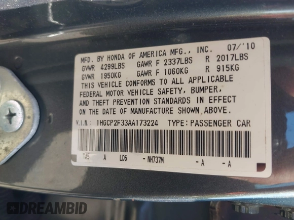 2010 Honda Accord LX with VIN 1HGCP2F33AA173224, listed as a IAAI auction lot 42523326 with 139,893 mi miles and . Bid and sale history available at DreamBid. Image 9.