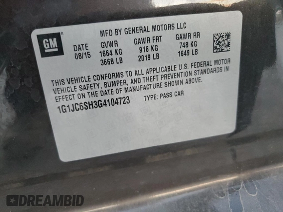 2016 Chevrolet Sonic LT with VIN 1G1JC6SH3G4104723, listed as a Copart auction lot 69206884 with 89,307 mi miles and Salvage Title. Bid and sale history available at carsss.com. Image 14.