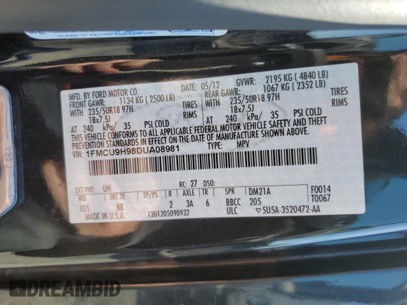 2013 Ford Escape SEL with VIN 1FMCU9H98DUA08981, listed as a Copart auction lot 54192445 with 102,151 mi miles and Salvage Title. Bid and sale history available at DreamBid. Image 14.