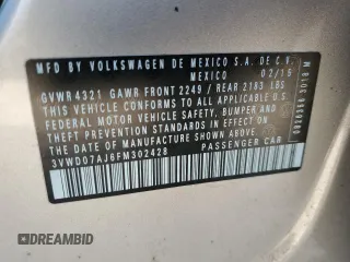 2015 Volkswagen Jetta Sedan 1.8T SE with VIN 3VWD07AJ6FM302428, listed as a Copart auction lot 48580005 with 95,836 mi miles and Salvage Title. Bid and sale history available at carsss.com. Image 12.