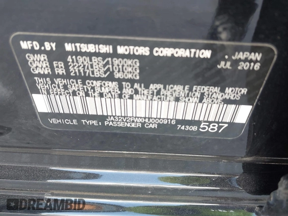 2017 Mitsubishi Lancer ES with VIN JA32V2FWXHU000916, listed as a IAAI auction lot 41727166 with 85,182 mi miles. Bid and sale history available at carsss.com. Image 9.