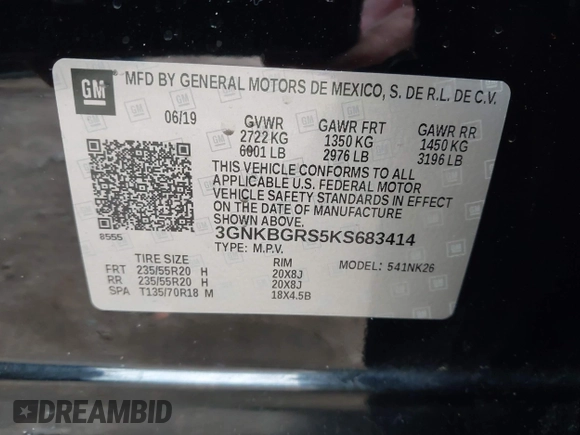 2019 Chevrolet Blazer with VIN 3GNKBGRS5KS683414, listed as a IAAI auction lot 41943030 with 103,098 mi miles and . Bid and sale history available at DreamBid. Image 9.