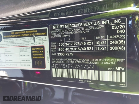 2020 Mercedes-Benz GLS 450 with VIN 4JGFF5KE7LA217344, listed as a IAAI auction lot 42593473 with 58,470 mi miles and . Bid and sale history available at DreamBid. Image 9.