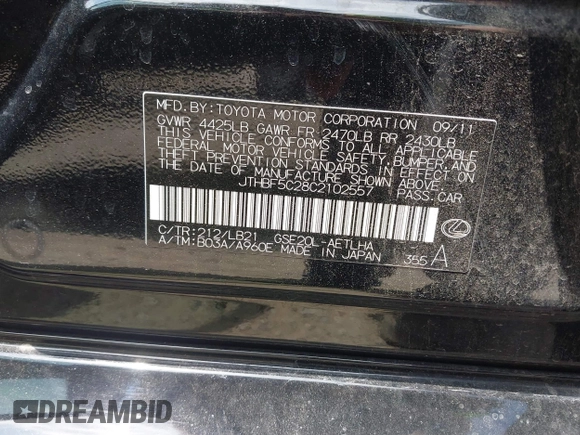 2012 Lexus IS 250 with VIN JTHBF5C28C2102557, listed as a IAAI auction lot 42139755 with 137,433 mi miles and . Bid and sale history available at DreamBid. Image 9.