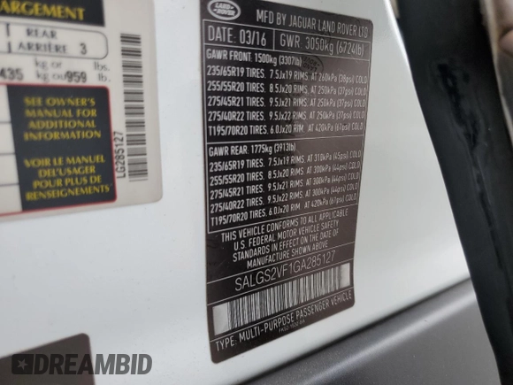 2016 Land Rover Range Rover HSE with VIN SALGS2VF1GA285127, listed as a Copart auction lot 59566225 with 128,567 mi miles and Salvage title. Bid and sale history available at DreamBid. Image 14.