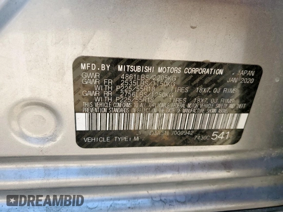 2020 Mitsubishi Outlander SE with VIN JA4AD3A31LJ000942, listed as a Copart auction lot 60103285 with 122,053 mi miles and Salvage title. Bid and sale history available at DreamBid. Image 13.