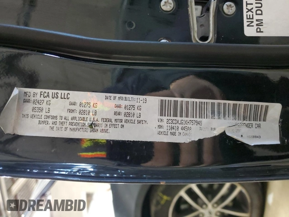 2019 Dodge Charger SXT with VIN 2C3CDXJG1KH757949, listed as a Copart auction lot 82231714 with 75,985 mi miles and Salvage Title. Bid and sale history available at DreamBid. Image 14.