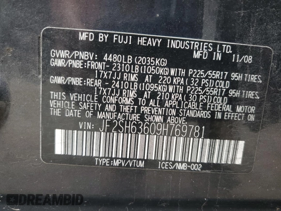 2009 Subaru Forester X with VIN JF2SH63609H769781, listed as a Copart auction lot 73668514 with 204,451 mi miles and Salvage title. Bid and sale history available at DreamBid. Image 13.