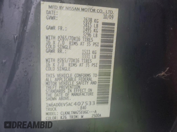 2010 Nissan Frontier SE with VIN 1N6AD0EV5AC407533, listed as a Copart auction lot 52020365 with 119,041 mi miles and Salvage title. Bid and sale history available at DreamBid. Image 12.