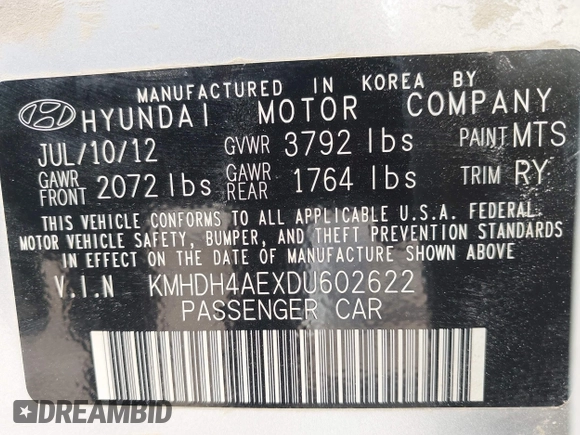 2013 Hyundai Elantra GLS with VIN KMHDH4AEXDU602622, listed as a IAAI auction lot 42322999 with 169,004 mi miles and . Bid and sale history available at DreamBid. Image 9.