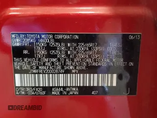 2013 Toyota RAV4 XLE with VIN JTMRFREV2DD028749, listed as a Copart auction lot 56831945 with 138,586 mi miles and Salvage title. Bid and sale history available at DreamBid. Image 13.