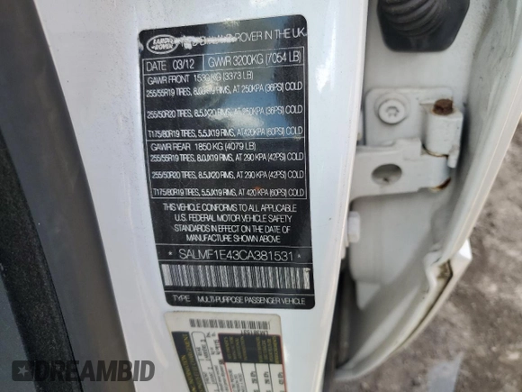 2012 Land Rover Range Rover SC с VIN SALMF1E43CA381531, выставлен на аукционе Copart как лот 53791355 с пробегом 97 896 миль миль и Чистый • Clean title. История ставок и продаж доступна на DreamBid. Изображение 13.