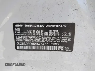 2022 BMW X3 xDrive30i with VIN 5UX53DP09N9K76477, listed as a IAAI auction lot 41164992 with Not Provided miles and . Bid and sale history available at DreamBid. Image 9.