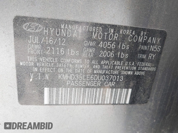2013 Hyundai Elantra with VIN KMHD35LE6DU037013, listed as a IAAI auction lot 42127258 with 170,477 mi miles and . Bid and sale history available at DreamBid. Image 9.
