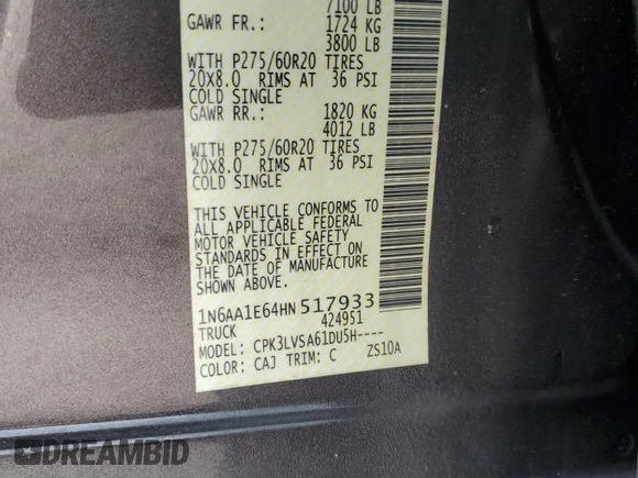 2017 Nissan Titan SV z VIN 1N6AA1E64HN517933, wystawiony jako Copart lot #72793864 z przebiegiem 60 572 mil mil oraz Szkoda całkowita • Salvage title. Historia ofert i sprzedaży dostępna na DreamBid. Obrazek 14.