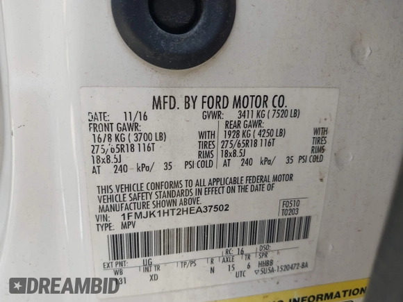 2017 Ford Expedition Max XLT with VIN 1FMJK1HT2HEA37502, listed as a IAAI auction lot 41794267 with Not provided miles and . Bid and sale history available at DreamBid. Image 9.