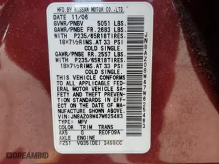 2007 Nissan Murano SL with VIN JN8AZ08W47W625483, listed as a Copart auction lot 74245854 with 66,064 mi miles and Salvage Title. Bid and sale history available at carsss.com. Image 14.