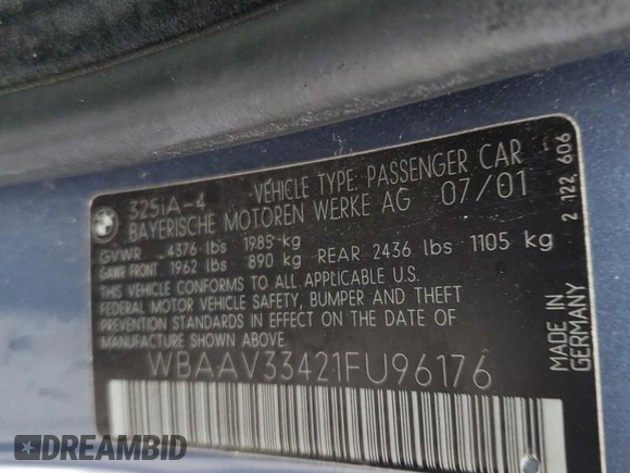 2001 BMW 3 Series 325i with VIN WBAAV33421FU96176, listed as a Copart auction lot 43962145 with 0 mi miles and Non Repairable. Bid and sale history available at carsss.com. Image 14.