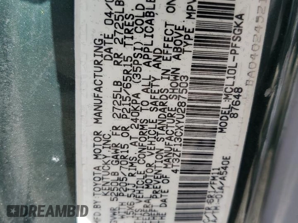 2000 Toyota Sienna LE z VIN 4T3ZF13CXYU287503, wystawiony jako Copart lot #43746115 z przebiegiem Nie podano mil oraz Szkoda całkowita • Salvage title. Historia ofert i sprzedaży dostępna na DreamBid. Obrazek 13.