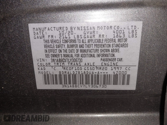 2020 Nissan Sentra SV with VIN 3N1AB8CV7LY306730, listed as a IAAI auction lot 40678642 with 42,306 mi miles. Bid and sale history available at carsss.com. Image 9.