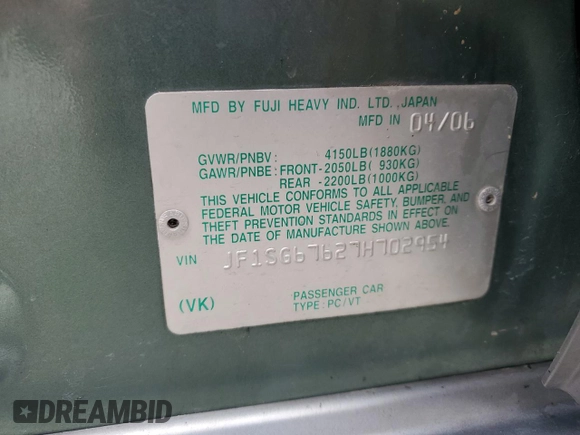 2007 Subaru Forester X L.L. Bean с VIN JF1SG67627H702954, выставлен на аукционе Copart как лот 54629865 с пробегом Не указан миль и На запчасти • Non repairable. История ставок и продаж доступна на DreamBid. Изображение 12.