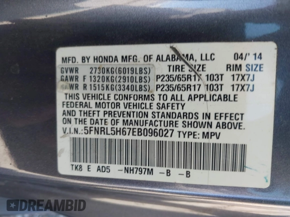 2014 Honda Odyssey EX-L with VIN 5FNRL5H67EB096027, listed as a IAAI auction lot 41950398 with 147,158 mi miles and . Bid and sale history available at DreamBid. Image 9.