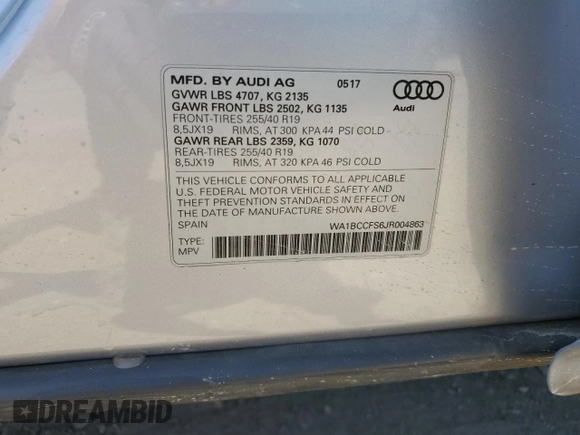 2018 Audi Q3 Premium with VIN WA1BCCFS6JR004863, listed as a Copart auction lot 50383263 with 74,102 mi miles. Bid and sale history available at carsss.com. Image 14.
