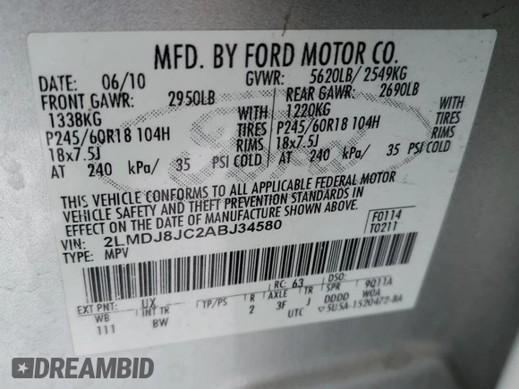 2010 Lincoln MKX with VIN 2LMDJ8JC2ABJ34580, listed as a Copart auction lot 88117285 with 0 mi miles and Salvage Title. Bid and sale history available at carsss.com. Image 14.