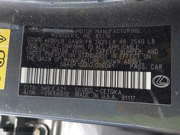 2016 Lexus ES 350 with VIN 58ABK1GG6GU006081, listed as a IAAI auction lot 41921222 with 198,668 mi miles. Bid and sale history available at carsss.com. Image 9.