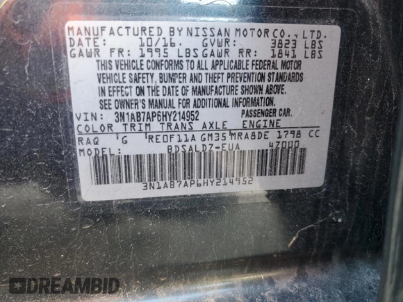 2017 Nissan Sentra S with VIN 3N1AB7AP6HY214952, listed as a Copart auction lot 46545835 with 86,144 mi miles and Salvage Title. Bid and sale history available at DreamBid. Image 13.
