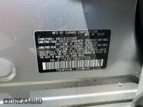 2021 Subaru Forester Special Sports with VIN JF2SKARC6MH497974, listed as a Copart auction lot 57363545 with 90,394 mi miles and Salvage title. Bid and sale history available at DreamBid. Image 12.