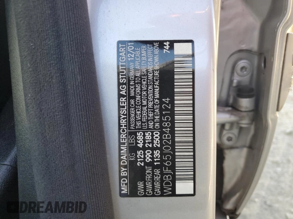 2002 Mercedes-Benz E 320 with VIN WDBJF65J02B485124, listed as a Copart auction lot 49955445 with Not Provided miles and Non Repairable. Bid and sale history available at DreamBid. Image 14.