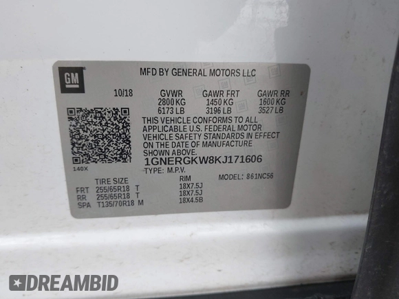 2019 Chevrolet Traverse LT Cloth with VIN 1GNERGKW8KJ171606, listed as a IAAI auction lot 41553157 with 95,802 mi miles. Bid and sale history available at carsss.com. Image 9.