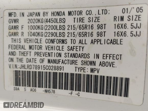 2005 Honda CR-V EX SE with VIN JHLRD78915C028891, listed as a IAAI auction lot 41672320 with 189,691 mi miles. Bid and sale history available at carsss.com. Image 9.