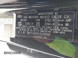 2020 Kia Forte LXS with VIN 3KPF24AD5LE258006, listed as a IAAI auction lot 42021722 with 50,379 mi miles. Bid and sale history available at carsss.com. Image 9.