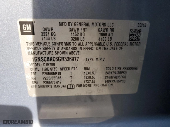 2016 Chevrolet Tahoe LT with VIN 1GNSCBKC6GR336977, listed as a Copart auction lot 48478975 with 0 mi miles and Salvage Title. Bid and sale history available at carsss.com. Image 12.