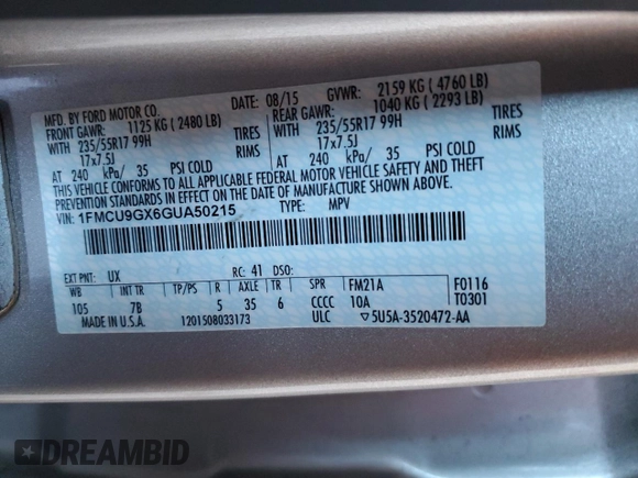 2016 Ford Escape with VIN 5V8CC5329GM607798, listed as a Copart auction lot 85738724 with 77,783 mi miles and Non repairable. Bid and sale history available at DreamBid. Image 14.