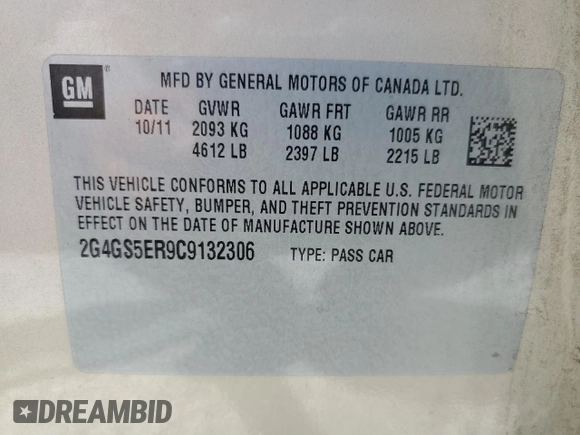 2012 Buick Regal Premium 1 with VIN 2G4GS5ER9C9132306, listed as a Copart auction lot 63032915 with 146,554 mi miles and Clean title. Bid and sale history available at DreamBid. Image 12.