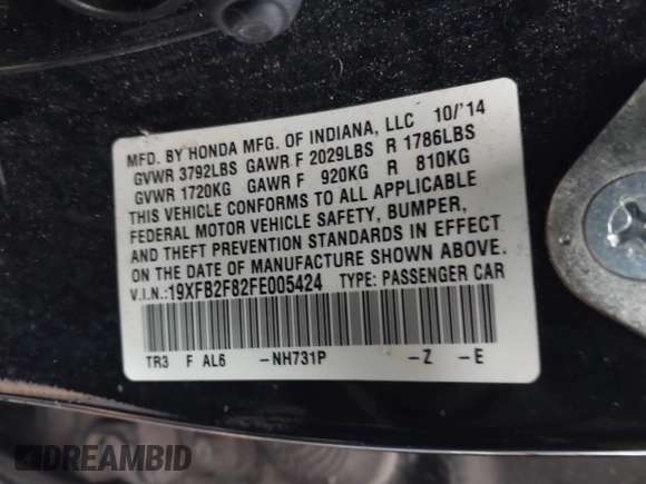 2015 Honda Civic EX with VIN 19XFB2F82FE005424, listed as a IAAI auction lot 40898381 with 189,558 mi miles and . Bid and sale history available at carsss.com. Image 9.