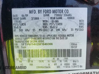 2009 Ford F-150 XL with VIN 1FTPW14V29FB49366, listed as a IAAI auction lot 42410024 with 216,076 mi miles and . Bid and sale history available at DreamBid. Image 9.