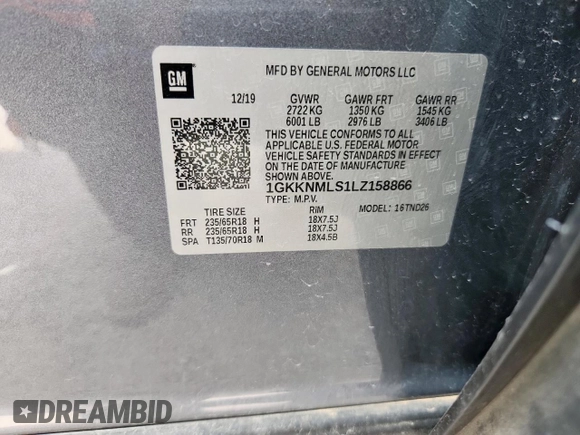 2020 GMC Acadia SLT with VIN 1GKKNMLS1LZ158866, listed as a Copart auction lot 64294815 with 84,788 mi miles and Salvage title. Bid and sale history available at DreamBid. Image 12.